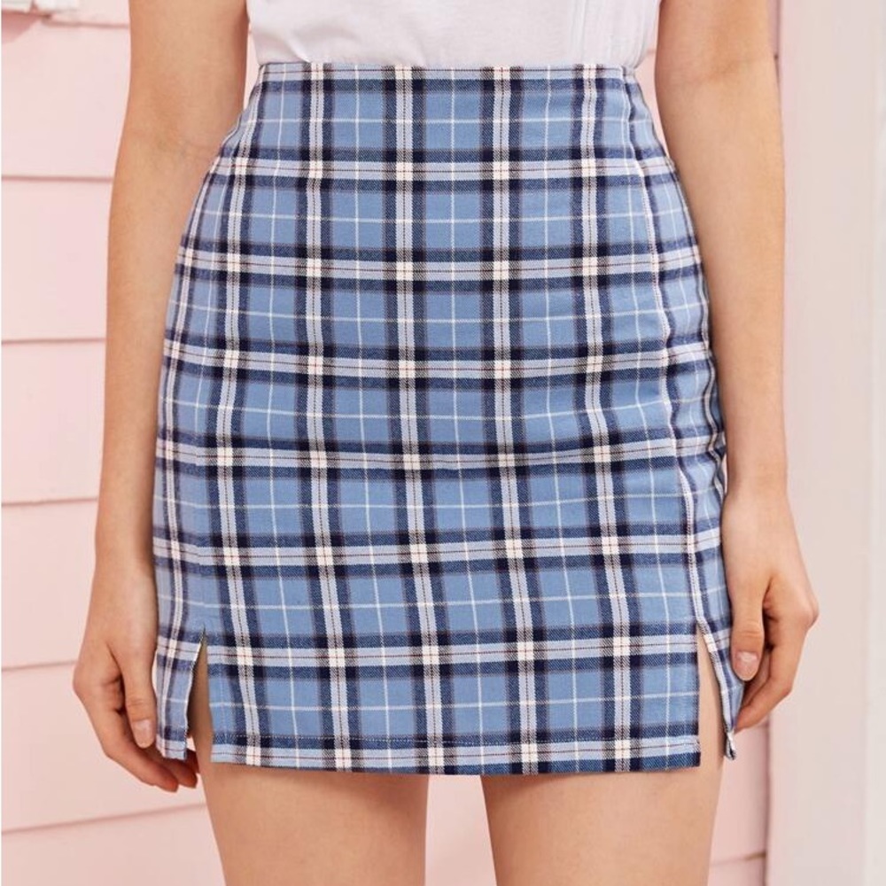 ROMWE XL..  Blue Split Side Plaid Mini Skirt
